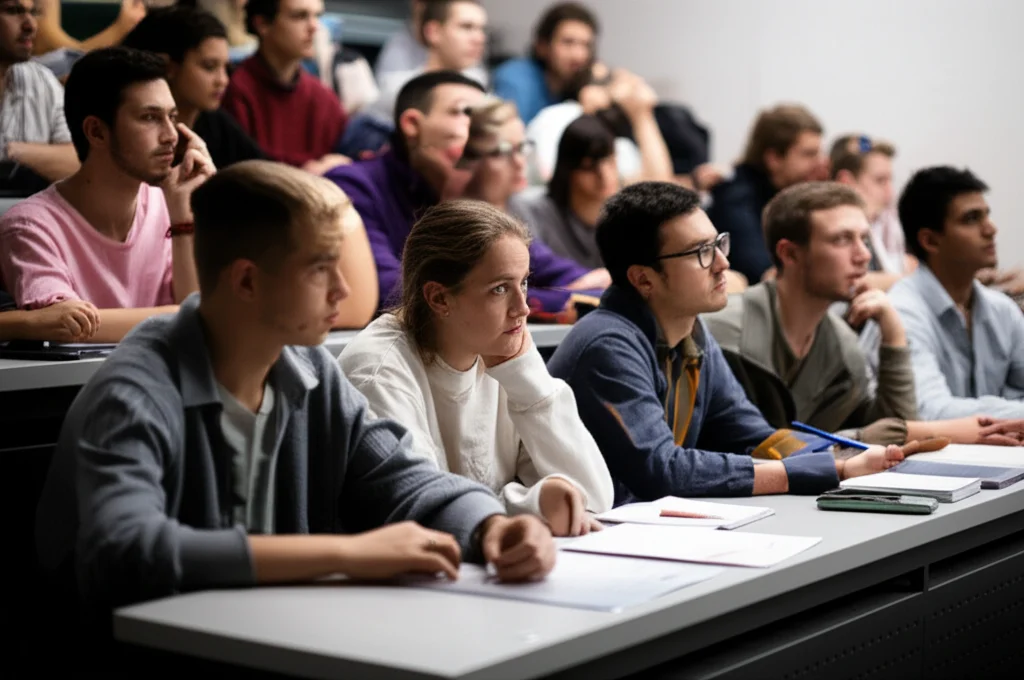 People (portraits), Prime lens, 35mm, Depth of field, diverse group of university students sitting at desks in a lecture hall, looking engaged and thoughtful, capturing the academic environment.