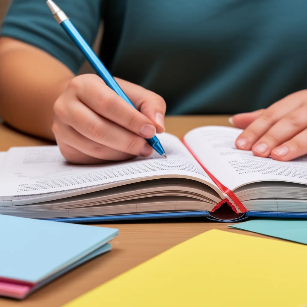 Objects (still life), Macro lens, 100mm, High detail, precise focusing, controlled lighting, close-up of a student's hands highlighting text in a textbook, surrounded by notes and pens.