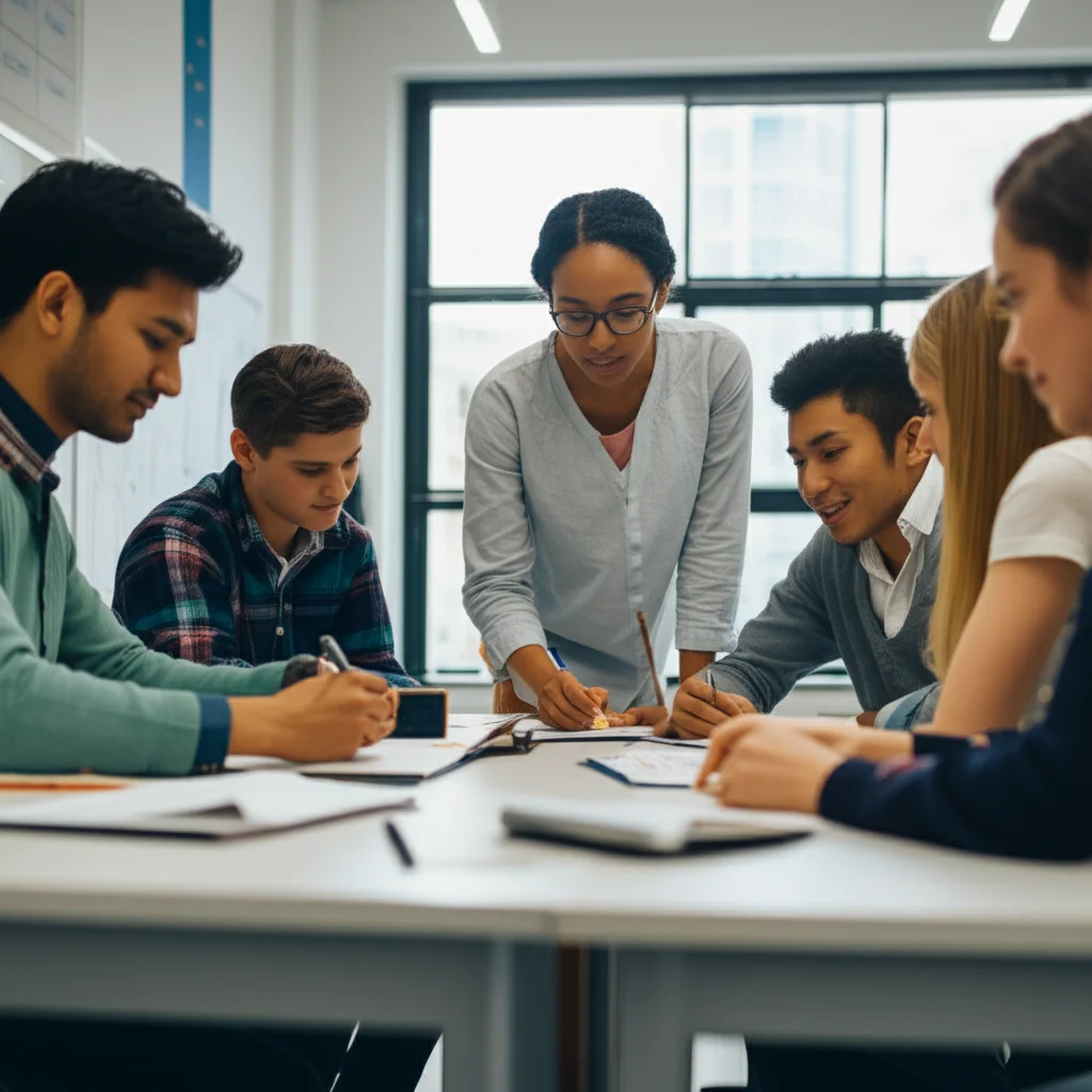 People (portraits), Prime lens, 24mm, Depth of field, A teacher smiling and encouraging a small group of students working collaboratively on a project in a bright, modern classroom.