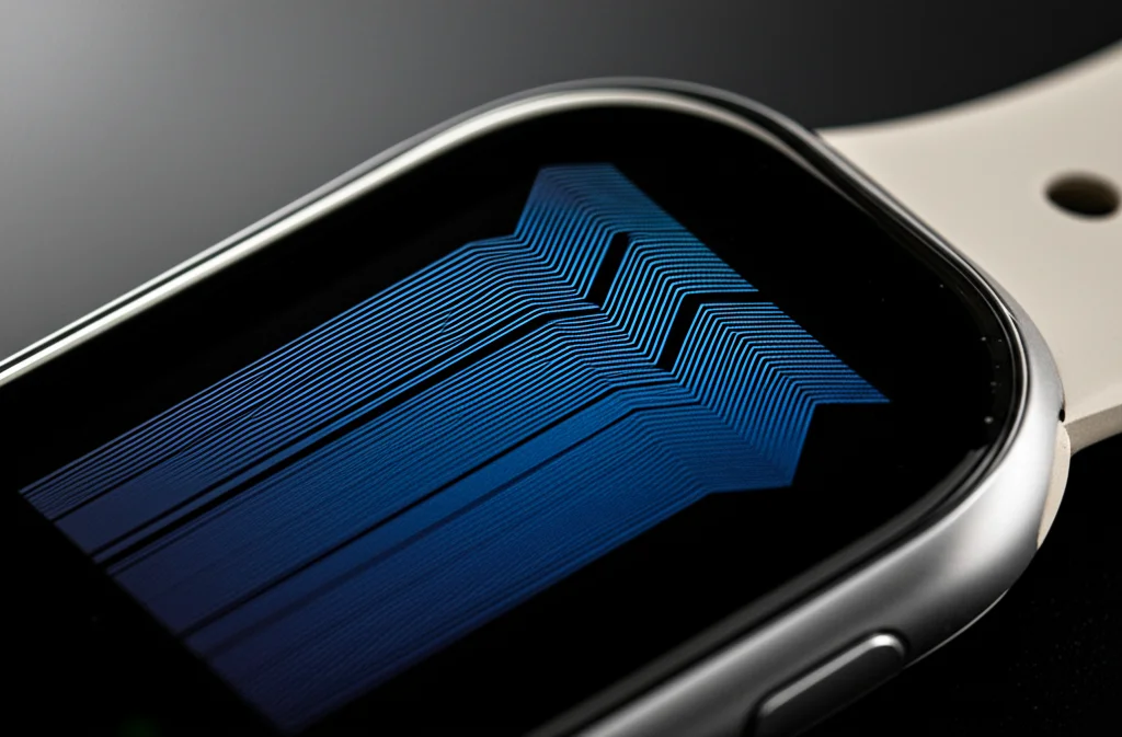 Object photography, 100mm macro lens, showing conductive microfibers printed directly onto the screen of a smartwatch, demonstrating transparency and conformity to the curved surface with high detail.