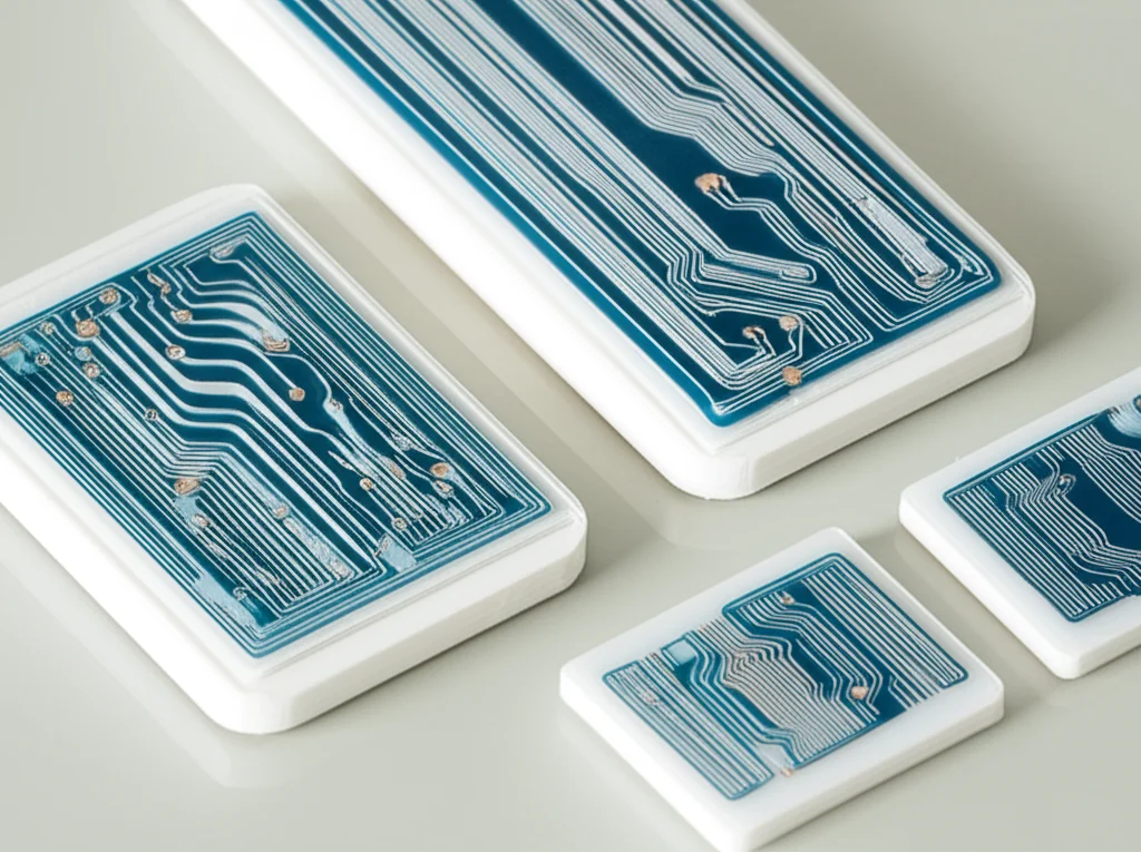 Still life photography, 60mm macro lens, showing a set of 3D printed plastic 'Lego' blocks with conductive microfiber patterns printed on them, ready for assembly into a reconfigurable sensor, highlighting detail and controlled lighting.