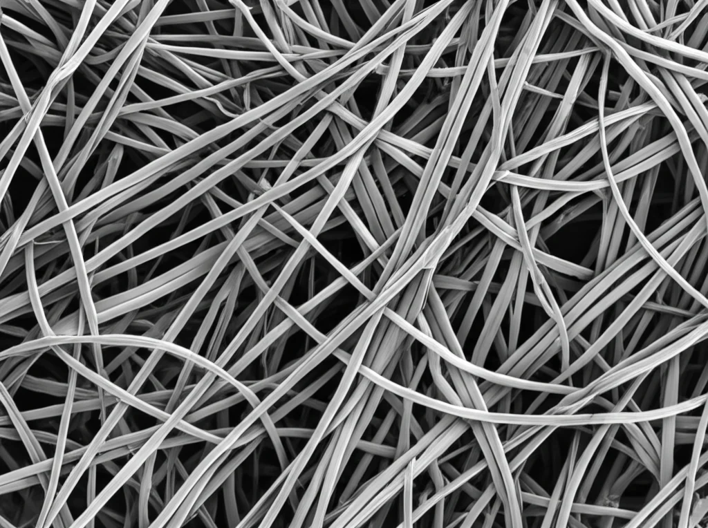 Object photography, 105mm macro lens, showing conductive microfibers connecting a porous graphene aerogel block, emphasizing the high detail and how the fibers maintain the aerogel's structure and porosity.