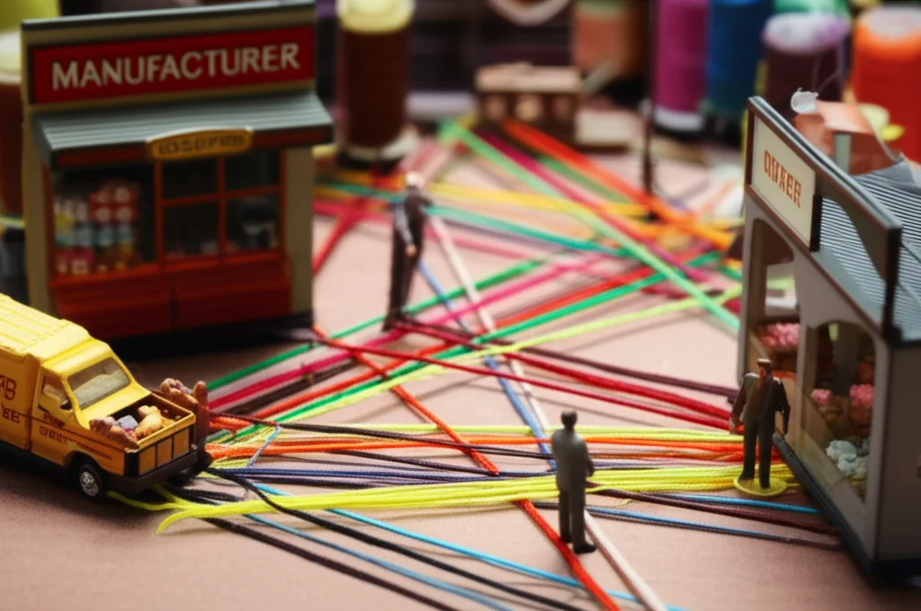 A detailed still life photograph using a macro lens at 100mm, showing miniature models representing a manufacturer, retailer, collector, and recycler connected by intricate loops of colorful thread, symbolizing product flow and collaboration in a closed-loop supply chain. Controlled lighting highlights the complex network.