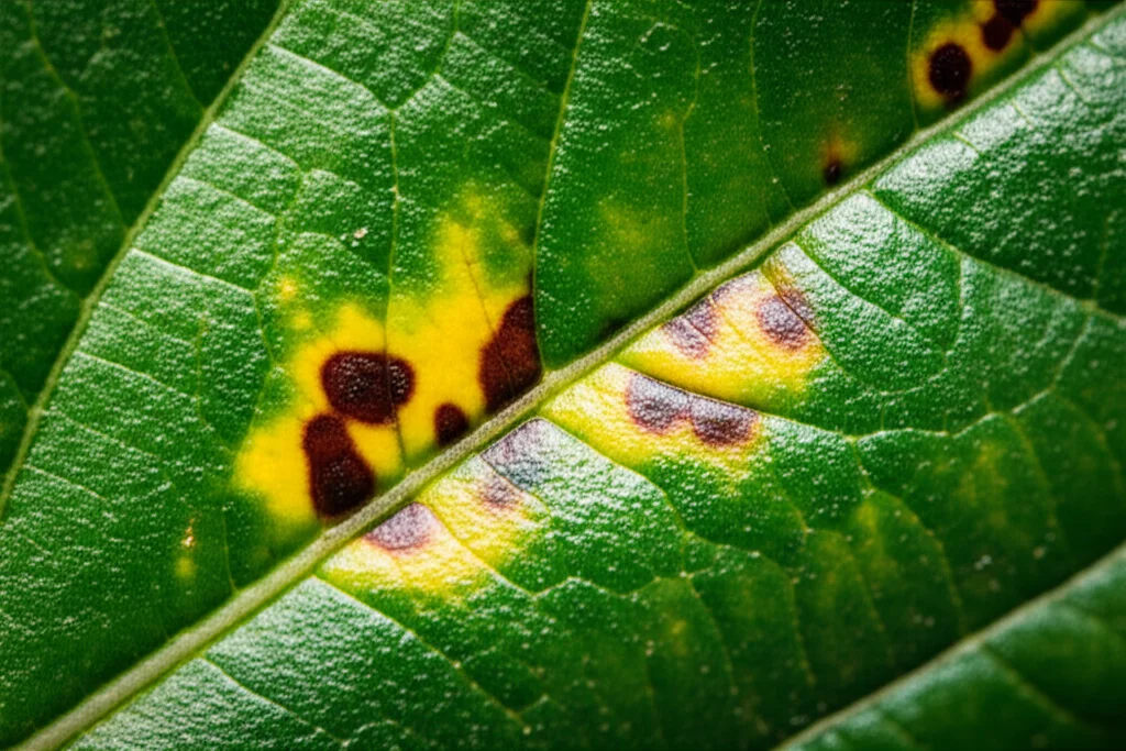 Close-up macro photograph of a vibrant green plant leaf showing distinct brown and yellow spots indicative of disease, 100mm Macro lens, high detail, precise focusing, controlled lighting.