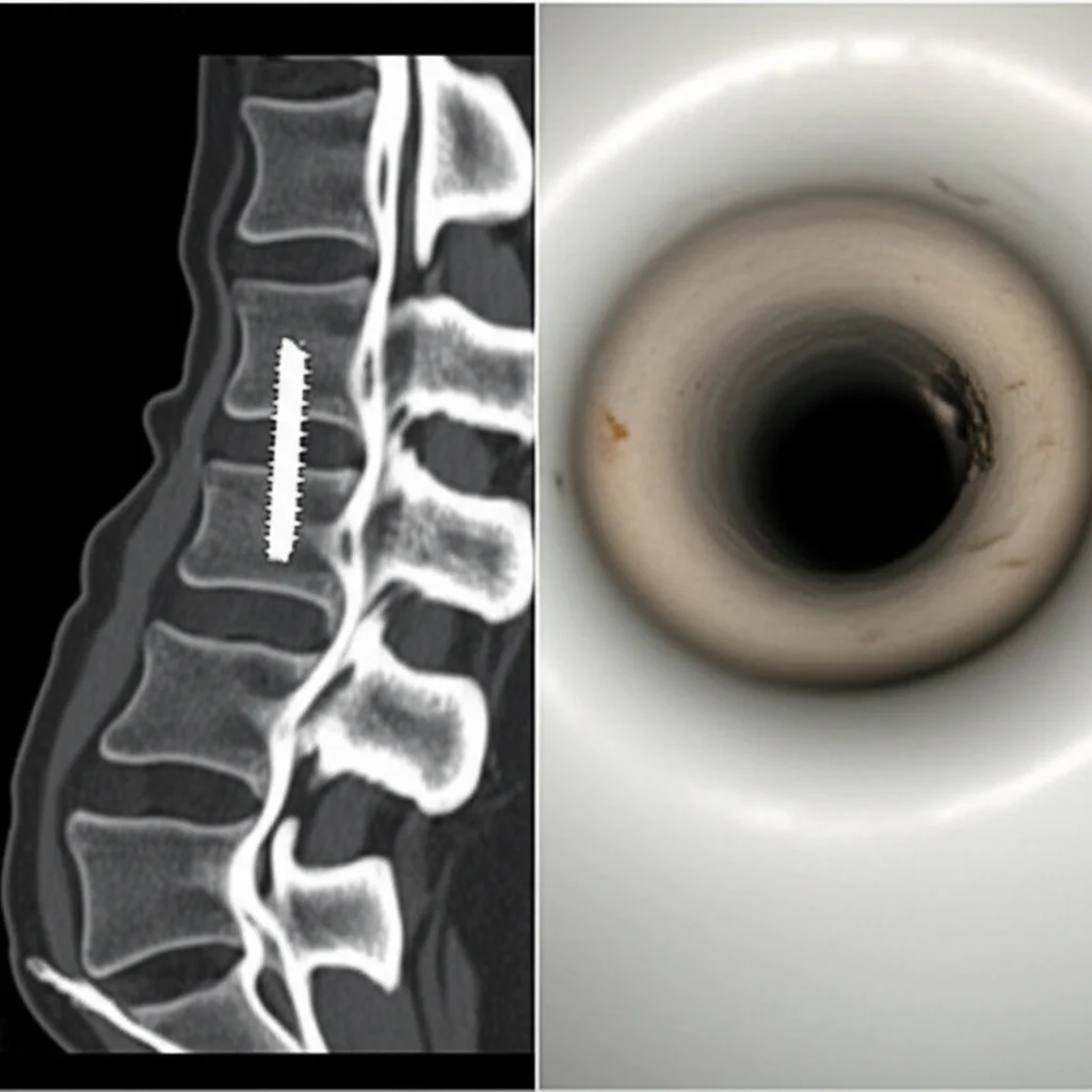 Photorealistic image showing a split view: one side displays a CT scan of a spine with a screw hole, the other side displays a corresponding ultrasound image from inside the hole, medical imaging, high detail.