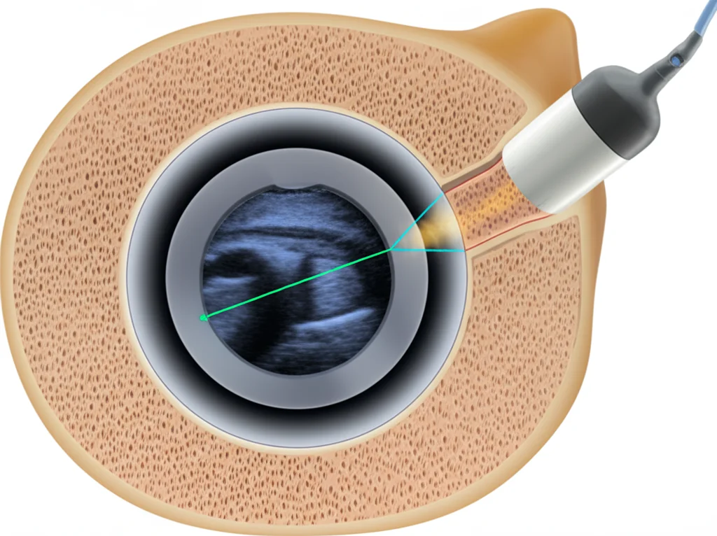 Photorealistic image illustrating the concept of an ultrasound probe inside a bone channel, showing the circular ultrasound view and surrounding bone structure, medical diagram, precise focusing, controlled lighting.