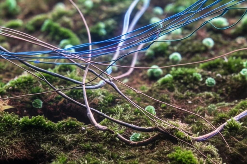 Macro lens photo, 60mm, high detail, precise focusing, controlled lighting, stylized representation of mossy cells and granule cells in brain tissue, overlaid with abstract electrical activity lines.