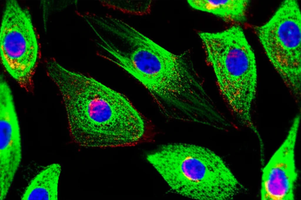 Macro lens photo, 105mm, high detail, precise focusing, controlled lighting, fluorescent microscopy image of brain tissue, highlighting neurons stained for Aβ protein inside cells, vibrant colors.