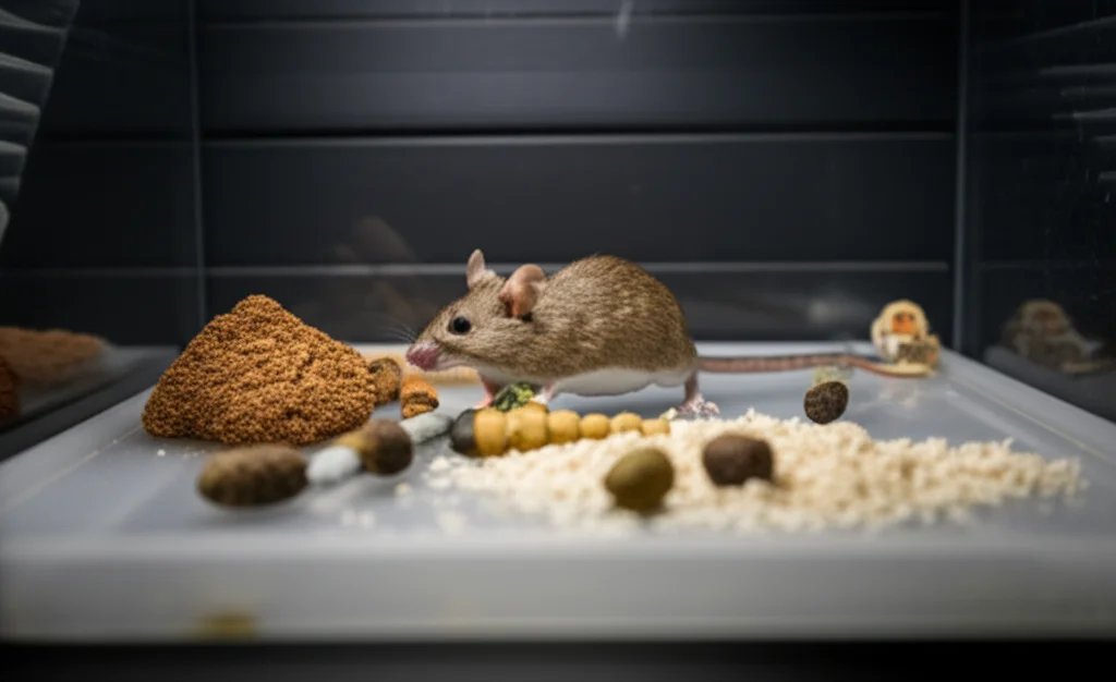 Photorealistic image, 35mm portrait lens, depth of field, a mouse exploring objects in a controlled environment, representing a memory task, focus on the mouse.