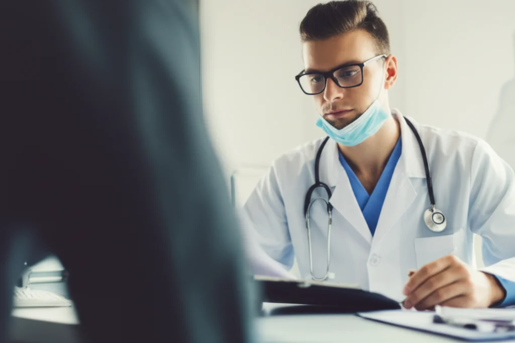 Photorealistic image of a medical professional looking at a patient's chart and blood test results, 35mm portrait, depth of field, clinical setting, controlled lighting.