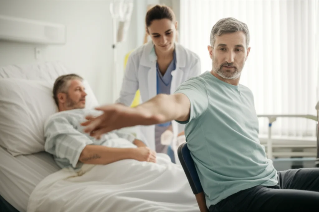 Photorealistic image showing a patient interacting with a physical therapist during recovery in a hospital setting, 35mm portrait, depth of field, bright clinical environment.