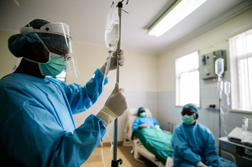 Photorealistic image of medical staff in protective gear preparing an intravenous infusion of a monoclonal antibody therapy in an Ebola treatment center, macro lens, 60mm, high detail, precise focusing, controlled lighting.