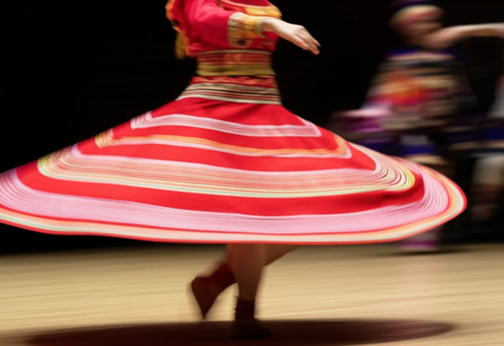 A dancer performing a rapid spinning step, telephoto zoom, 200mm, fast shutter speed, movement tracking, showing the complexity of ethnic dance.