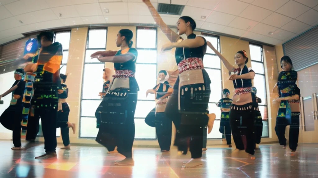 A group of students practicing ethnic dance movements, wide-angle lens, 24mm, sharp focus, with subtle overlays suggesting AI analysis.