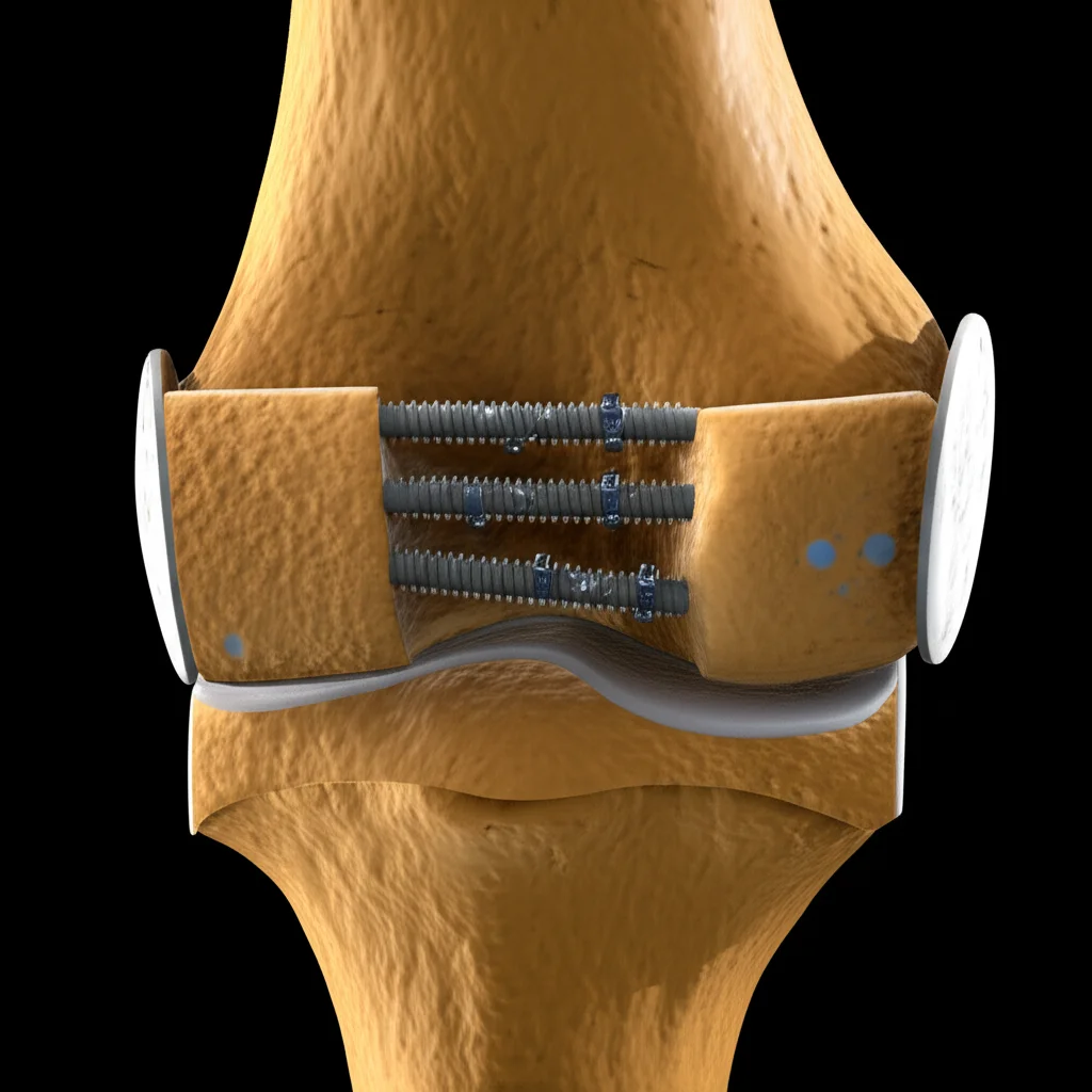 Photorealistic image of a 3D finite element model of a human femur showing a Pauwels type III fracture line, with three cannulated compression screws and one obstructing screw inserted, precise focusing, controlled lighting, 105mm Macro lens.