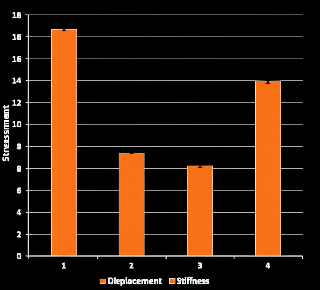 Photorealistic bar chart showing comparison of biomechanical properties (stress, displacement, stiffness) for different femoral neck fracture fixation methods, clear labels and data points, precise focusing, controlled lighting, 60mm Macro lens.