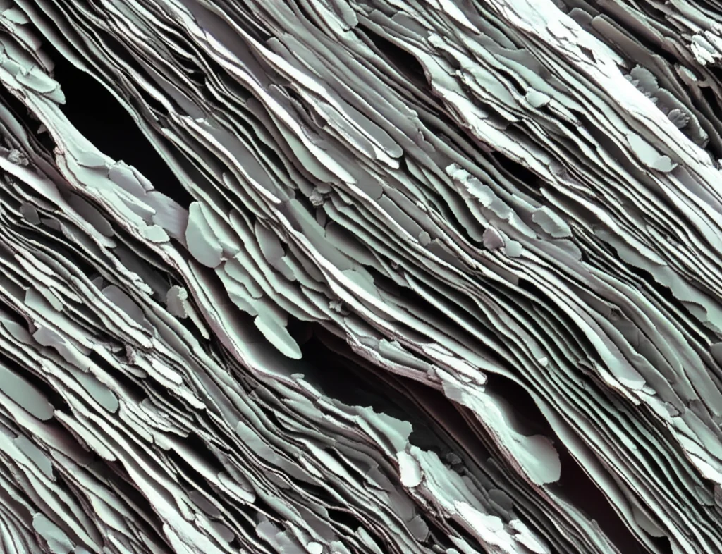 Macro lens, 60mm, high detail, precise focusing, controlled lighting, showing the flake-like morphology and layered structure of argillaceous clay particles.