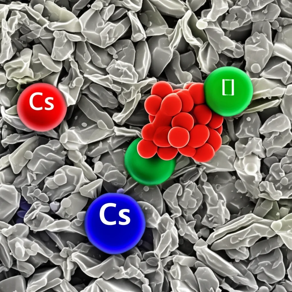 Macro lens, 100mm, high detail, precise focusing, controlled lighting, illustrating ions (like Cs or Am) interacting with the surface sites of clay minerals, showing ion exchange or surface complexation.
