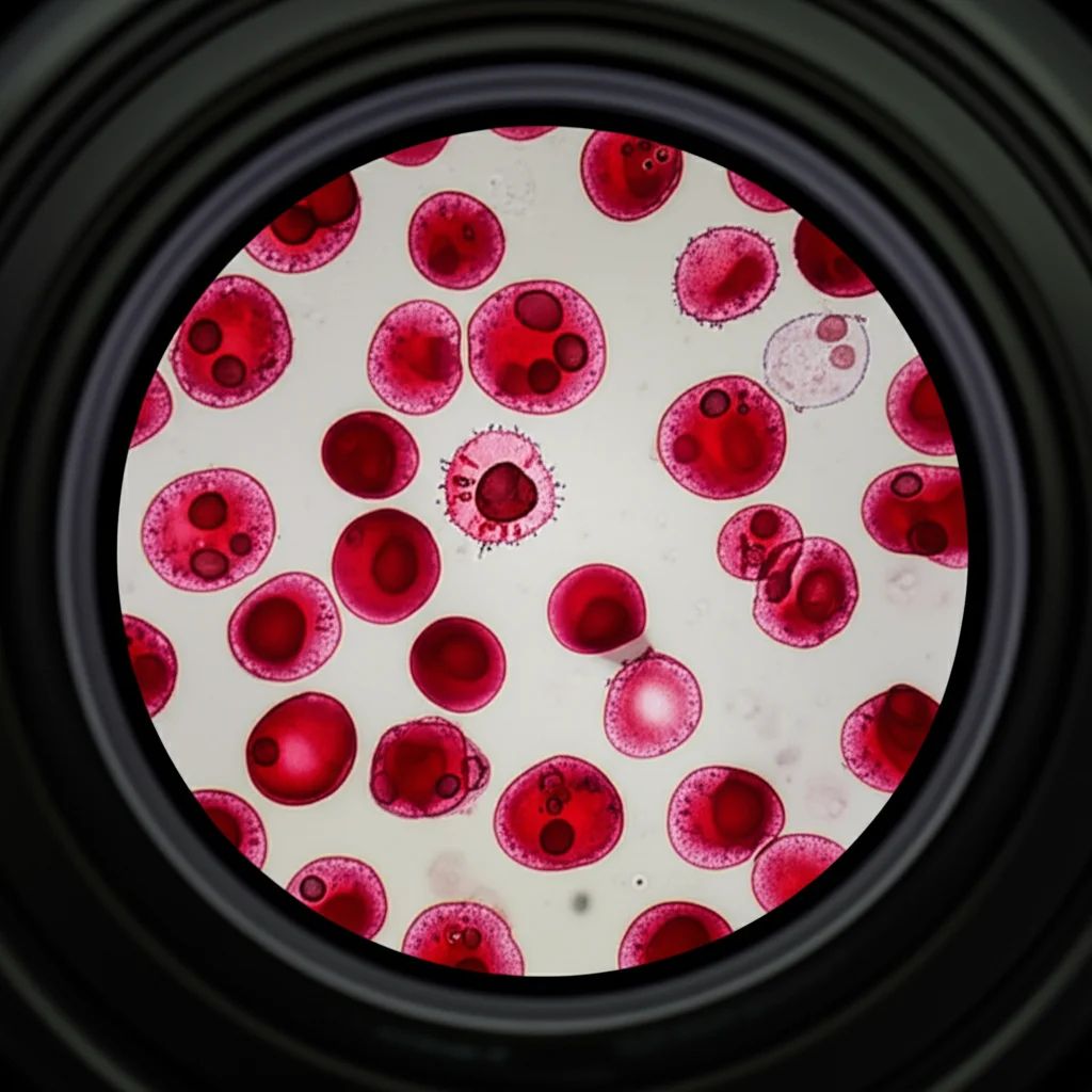 Macro lens, 60mm, high detail, precise focusing of blood cells under a microscope, showing signs of microangiopathy.