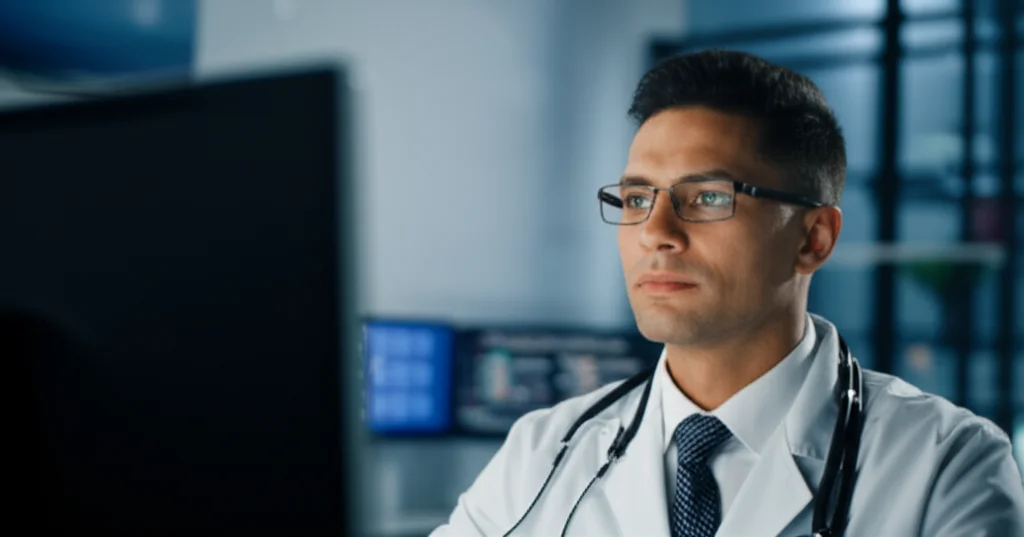 35mm portrait, depth of field, a doctor reviewing patient data on a screen in a modern hospital setting.