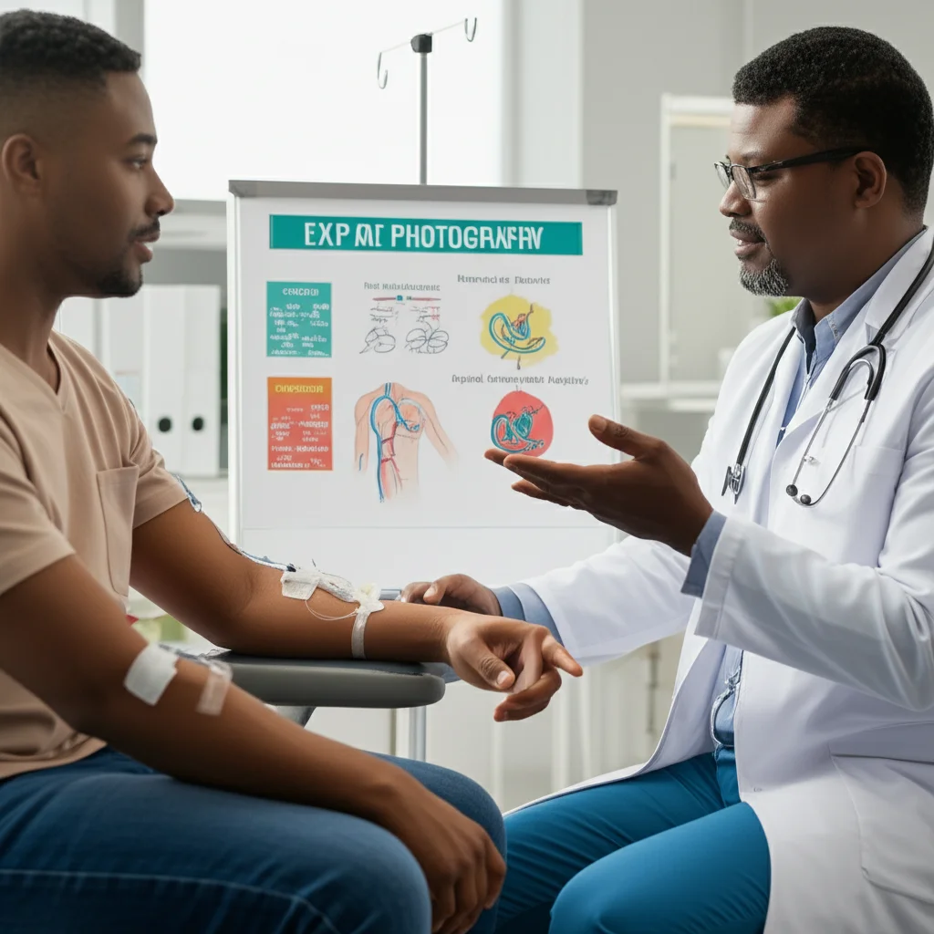 Portrait photography, 35mm lens, depth of field, showing a healthcare professional explaining a diagram of different hemodialysis access types to a patient in a clinical setting, controlled lighting.