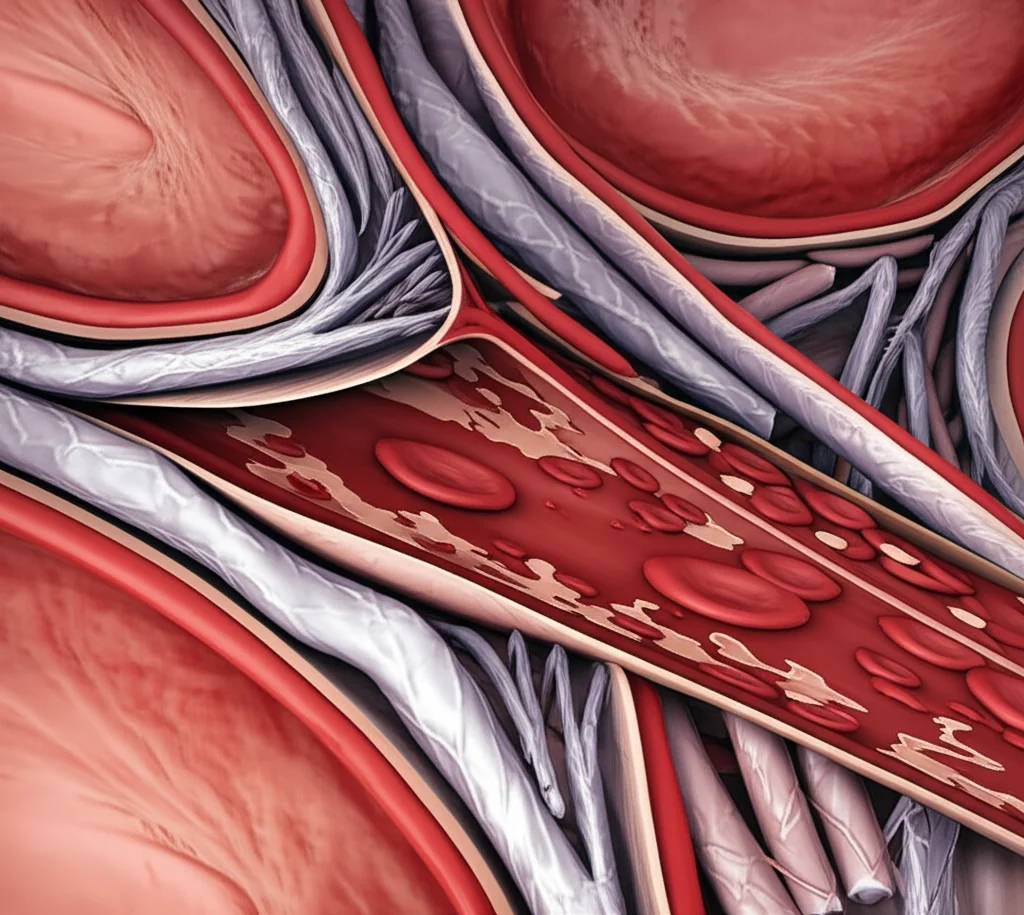 Macro lens, 60mm, high detail, precise focusing, controlled lighting, showing a close-up of a medical diagram illustrating blood flow through an arteriovenous fistula (AVF).