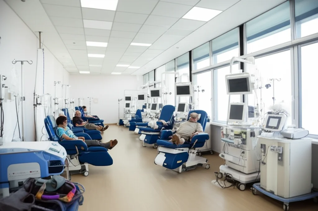Wide-angle lens, 24mm, sharp focus, showing a bright, clean dialysis center with several patients receiving treatment, conveying a sense of ongoing care and medical environment.