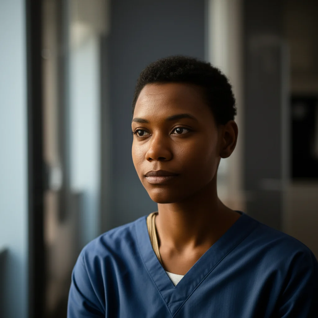 Photorealistic portrait, 35mm lens, shallow depth of field, of a person reflecting on their journey with HIV, conveying resilience and hope in a medical setting.