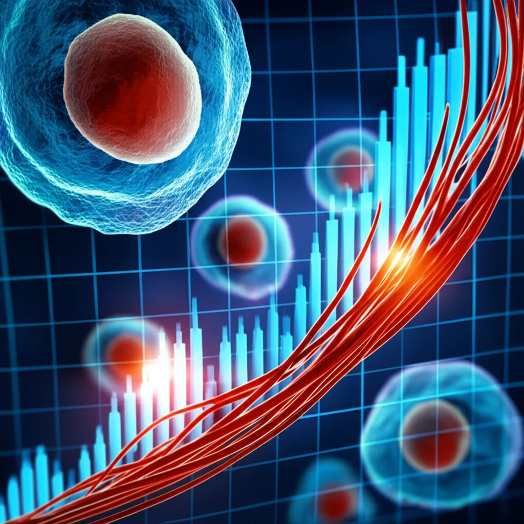 Photorealistic image, close-up detail, controlled lighting, showing abstract representation of immune cells or a medical graph with an upward trend, symbolizing recovery and scientific progress in HIV treatment.