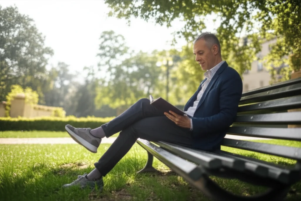 Photorealistic image, 24mm lens, depicting a person engaged in a daily activity like reading or walking outdoors, conveying a sense of independence and quality of life, captured with soft natural light.