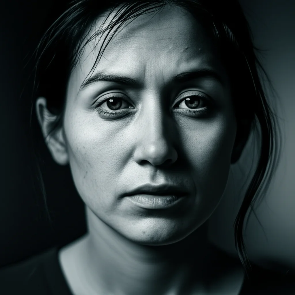 Photorealistic portrait, 35mm lens, film noir style with subtle blue and grey duotones, showing a person with a thoughtful yet resilient expression, representing the challenges and nuances of long-term health management after severe illness.