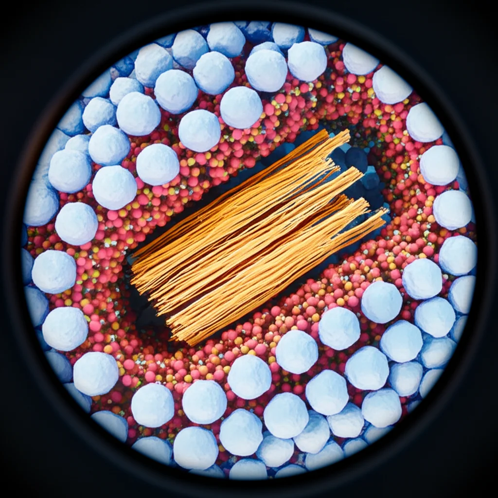Conceptual illustration of a cell membrane with an open ion channel allowing small molecules to pass through, wide-angle lens, 24mm, sharp focus, controlled lighting