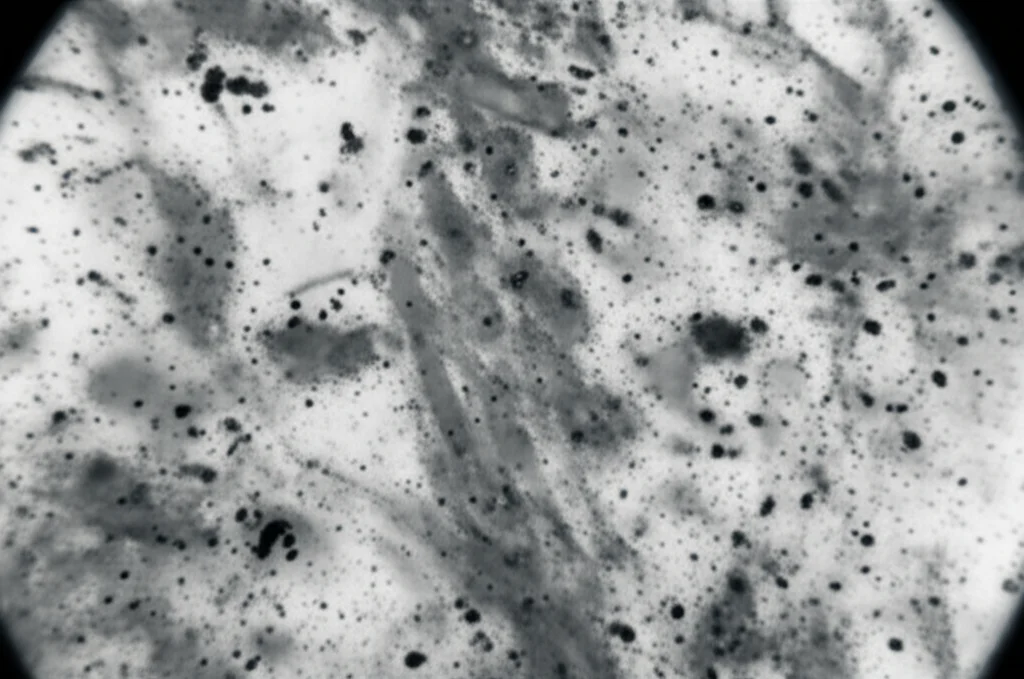 Microscopic view of brain tissue with calcification deposits, macro lens, 60mm, high detail, precise focusing, duotone (grey and white)