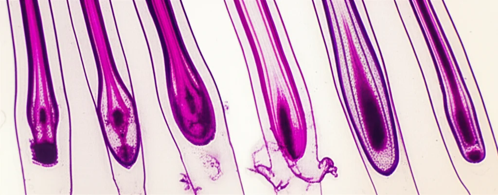 Photorealistic microscopic view of hair follicles in different stages (anagen, catagen, telogen) side-by-side, macro lens, 105mm, precise focusing, controlled lighting.