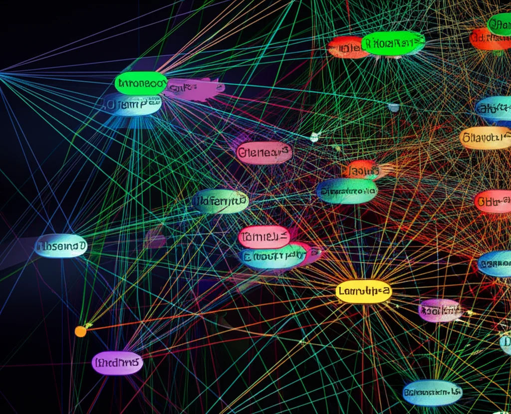 Photorealistic complex biological network diagram showing nodes and connections representing gene co-expression and regulatory relationships between lncRNAs and protein-coding genes, high detail, precise focusing.