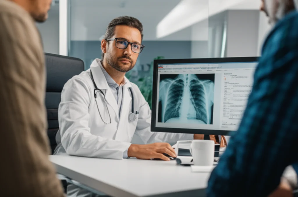 A medical professional reviewing lung function test results on a computer screen with a patient, clinic setting, 35mm portrait, depth of field