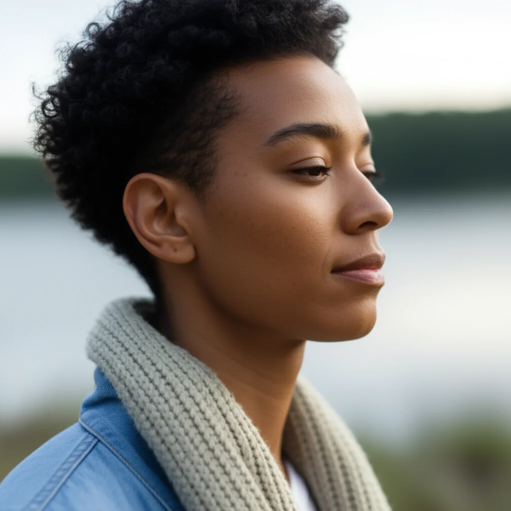 Portrait photography, 35mm portrait, depth of field, showing a person looking calm and centered, perhaps meditating or looking peacefully into the distance, representing the pursuit of psychological security and inner peace.
