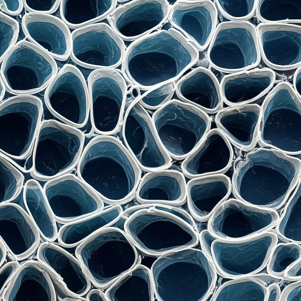 A highly detailed, precisely focused macro photograph (100mm lens) under controlled lighting, showing abstract cellular structures with embedded ion channels, representing the molecular sensors of temperature.