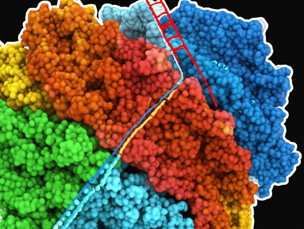 A high detail macro shot (60mm lens) with precise focusing and controlled lighting, depicting a stylized molecular model of an ion channel, highlighting its C-terminal domain and a specific 'temperature responsive element' region.