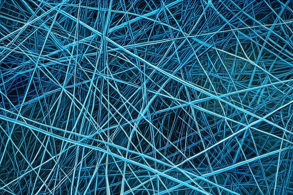 A photorealistic macro image (105mm lens) with high detail and precise focusing, showing the intricate network of microtubules within a cell, illuminated with controlled lighting to emphasize the cellular scaffolding.