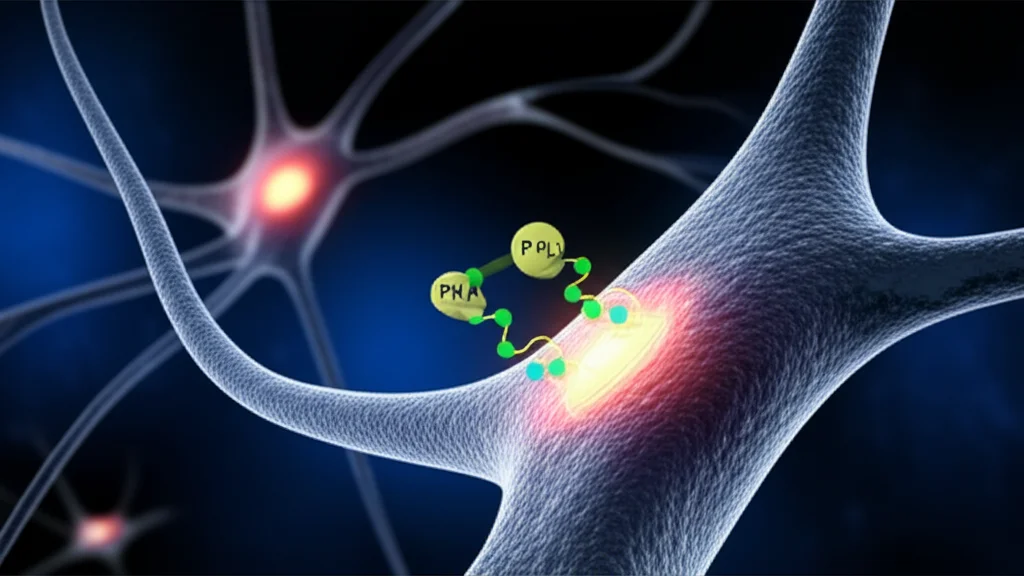 A precisely focused macro photograph (60mm lens) under controlled lighting, illustrating a neuron with a stylized representation of a molecular switch (like PKA phosphorylation) controlling a channel embedded in the membrane, symbolizing cellular signaling and temperature control.