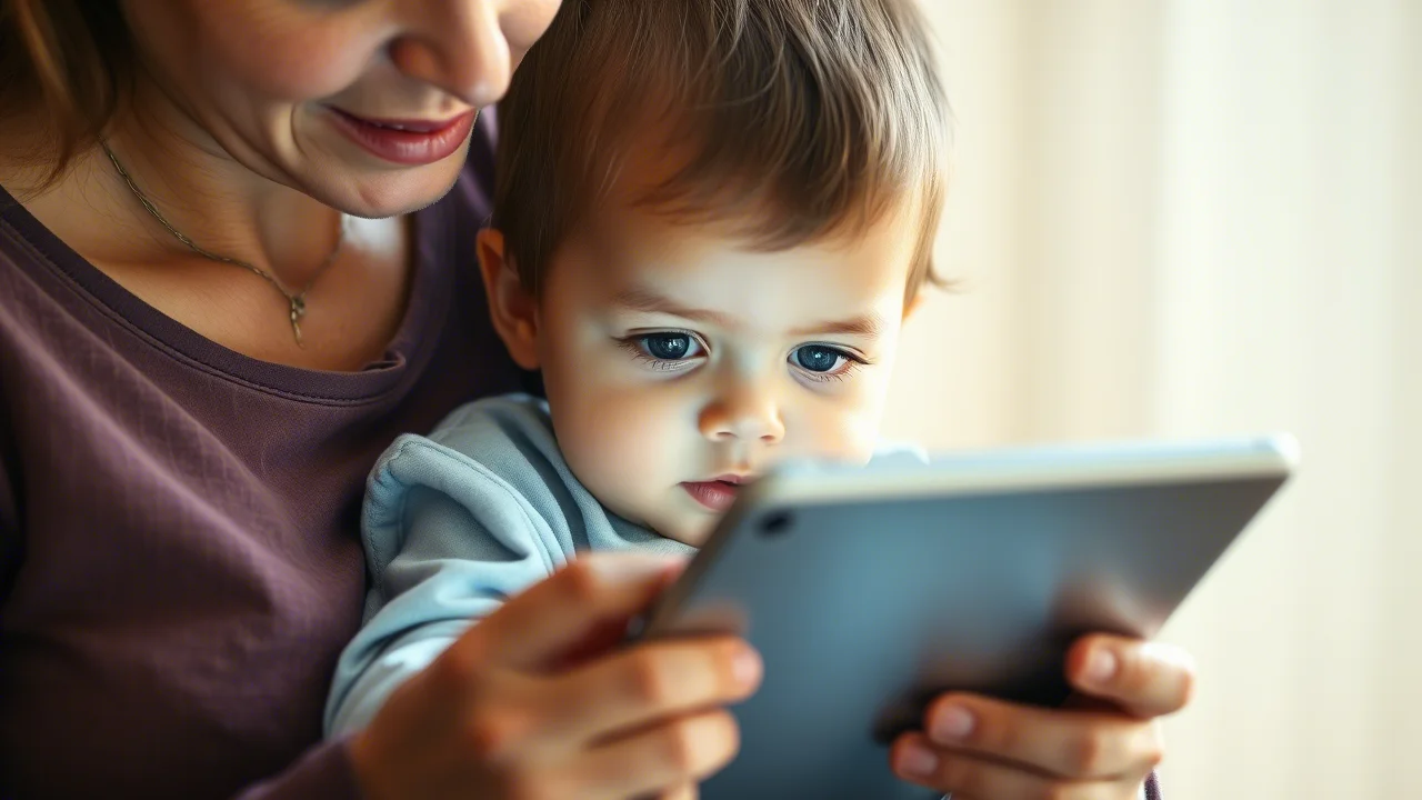 A young child looking intently at a tablet screen held by a mother, 35mm portrait, soft natural light, depth of field.