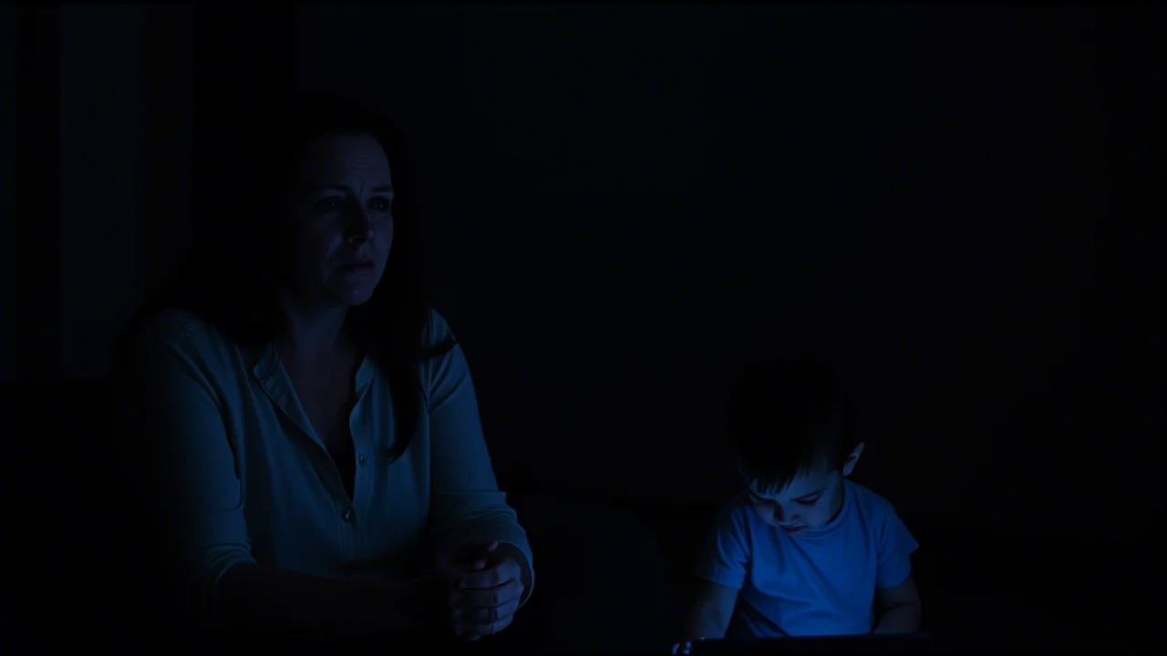 A mother looking thoughtful or stressed, sitting slightly apart from her child who is engaged with a screen, 35mm portrait, low light, film noir style.