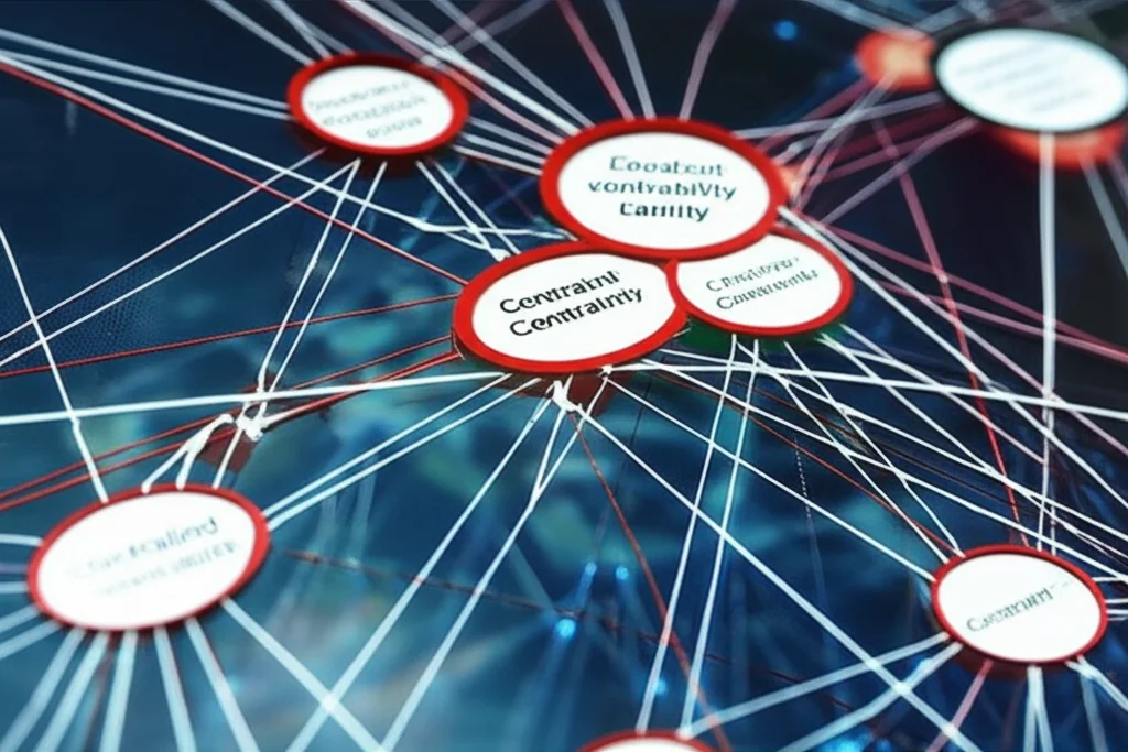 Photorealistic image depicting a complex network diagram representing software dependencies, with nodes highlighting constraints and potential vulnerabilities, macro lens, high detail, precise focusing, controlled lighting.