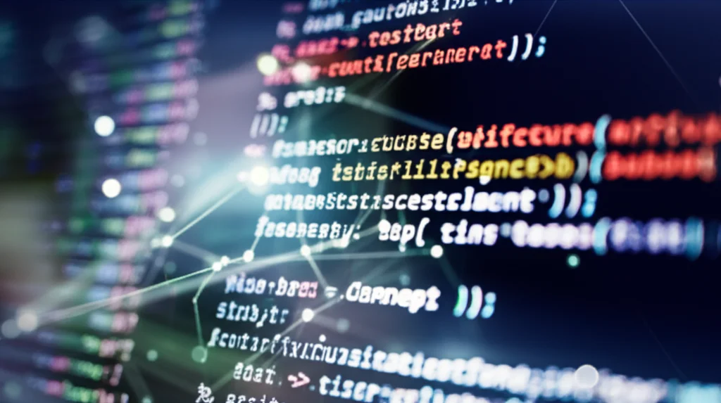 Photorealistic image showing a computer screen displaying complex code and test results, with abstract visual elements representing AI analysis and constraint satisfaction, high detail, precise focusing.