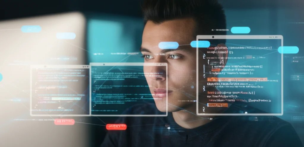 Photorealistic image of a programmer looking at a screen displaying test results and code, with abstract visual overlays representing AI assistance and error correction, 35mm portrait, depth of field.