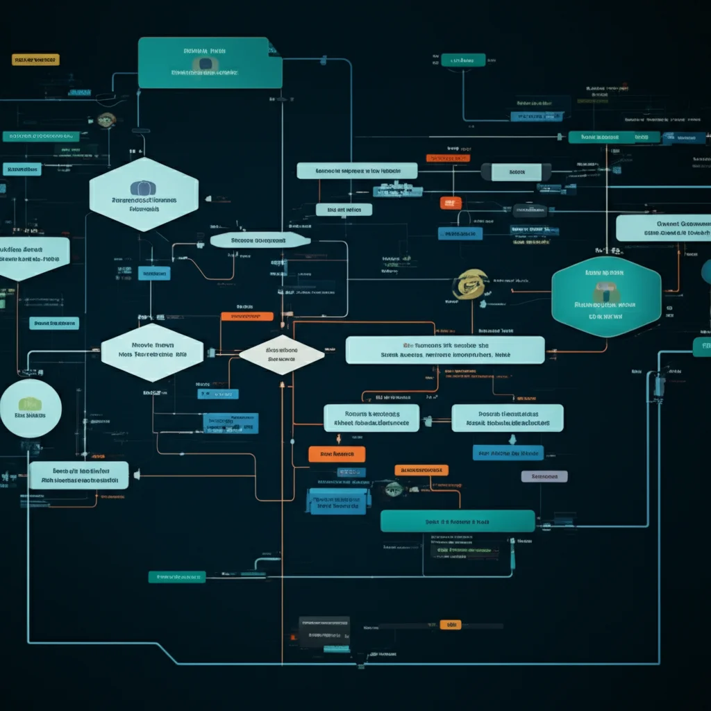 Photorealistic image of a complex flowchart or process diagram rendered realistically, illustrating iterative steps and feedback loops in a software development process, high detail, precise focusing, controlled lighting.