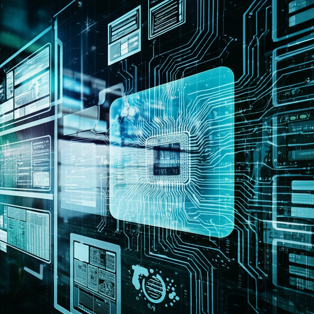 Photorealistic image of abstract visual elements representing AI and code, blending with representations of software design diagrams (like UML) and user interfaces, wide-angle, sharp focus.