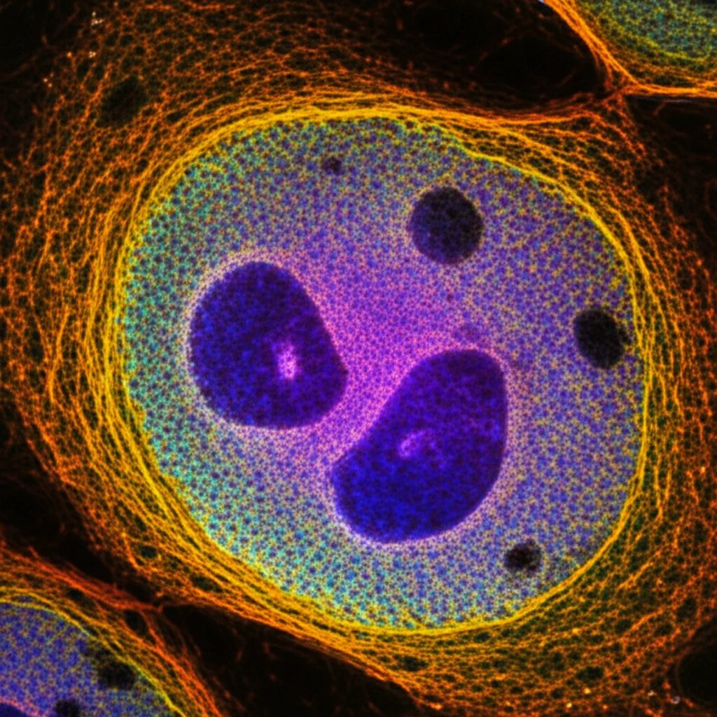 Wide-angle, 24mm, High detail, controlled lighting: A visual metaphor showing distinct 'neighborhoods' (TADs) within a cell nucleus, highlighting organized DNA folding.