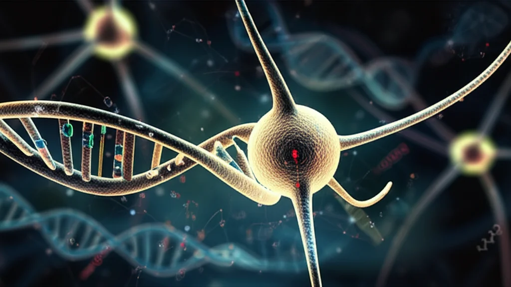Prime lens, 35mm portrait, Depth of field: A conceptual image showing a neural network overlaid with abstract representations of DNA structure and genetic markers, linking cellular mechanisms to brain function and disorders.